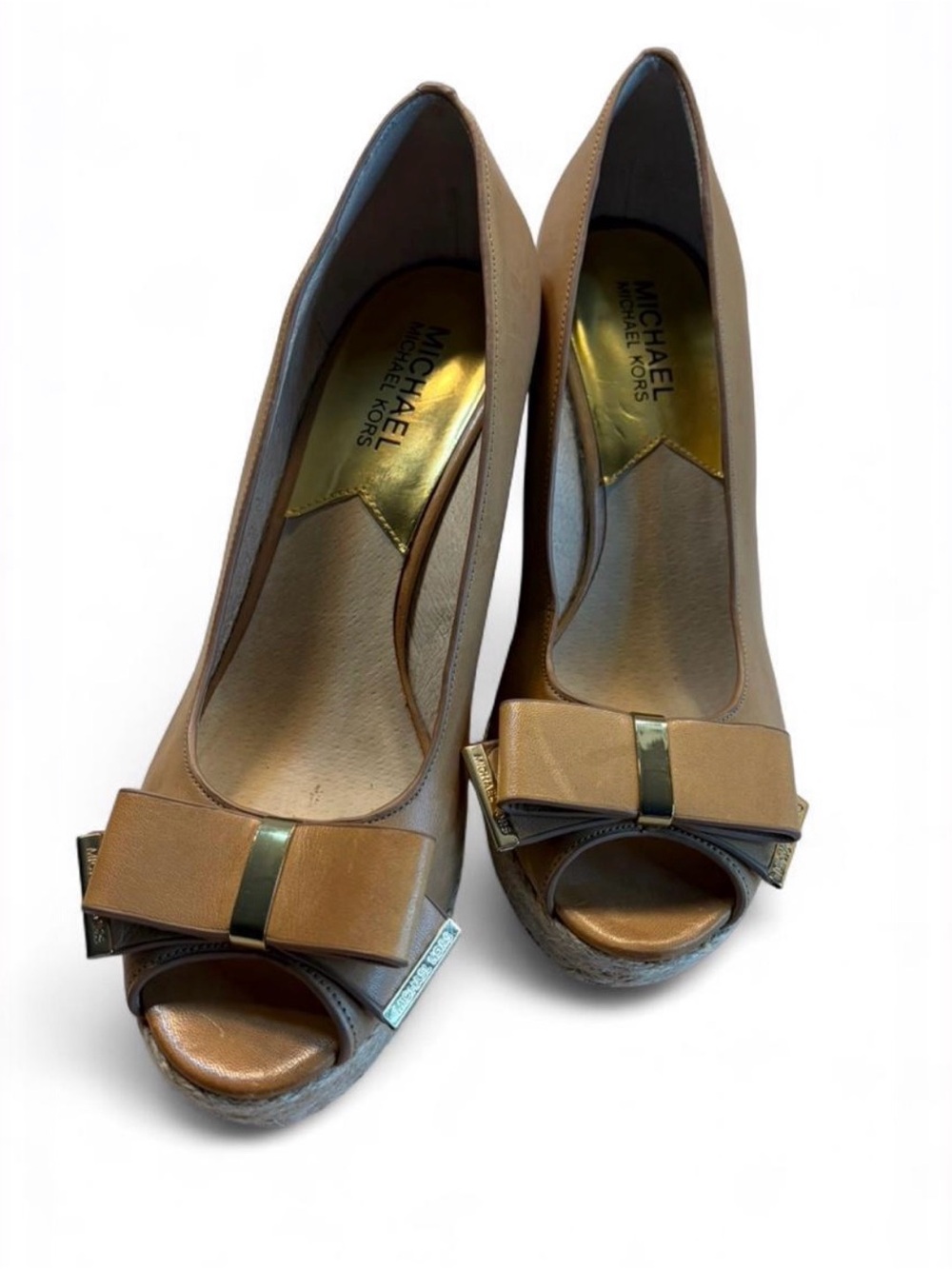 Michael Kors Tan Peep-Toe Wedge Pumps with Bow Accent